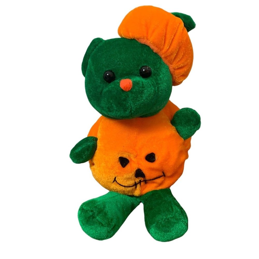 Genich Bear Plush Bean Bag Stuffed Animal Green W/ Pumpkin Body Halloween Toy
